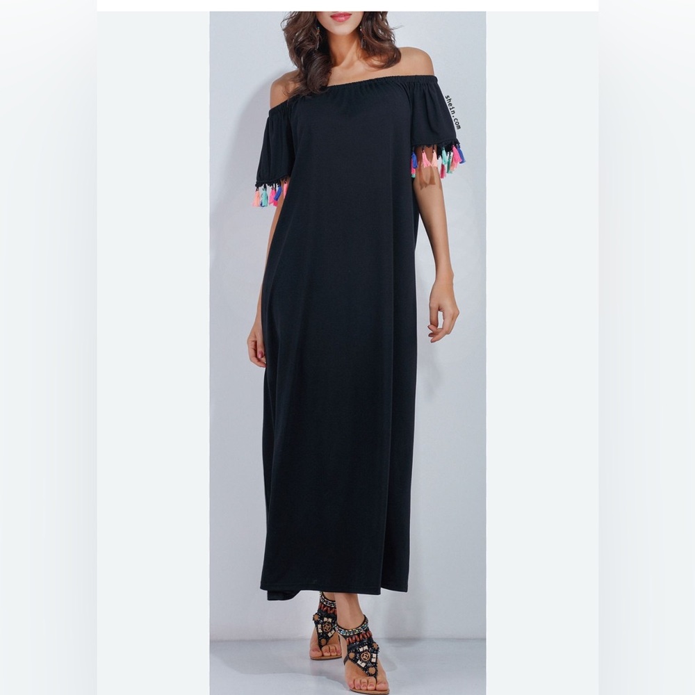 ASOS | black off shoulder maxi dress w tassels trim